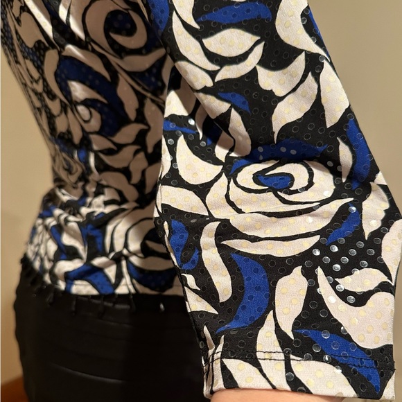 MSK Wrap Top Look Blue white black Floral Print. Black Beaded waist Fringe Sz S - Picture 8 of 13